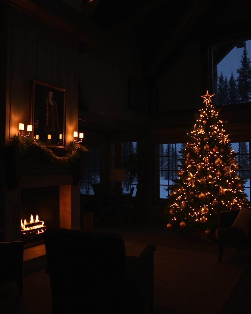 Aspen lodge interior at night with gold-lit Christmas tree