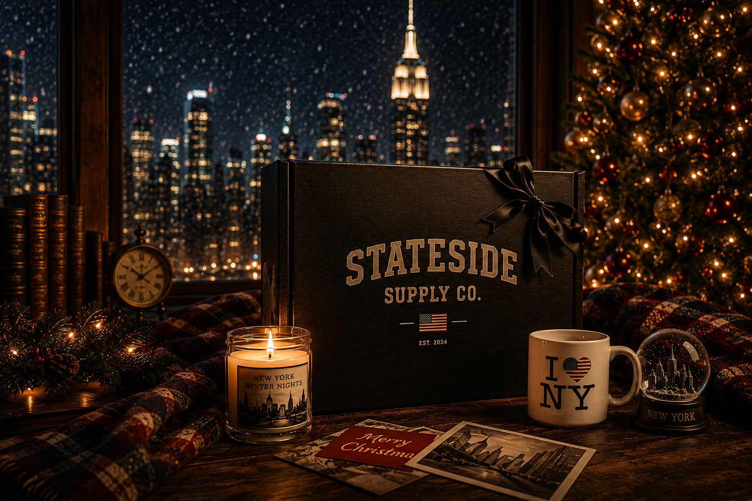 Stateside Supply Co. holiday gift box with New York winter skyline
